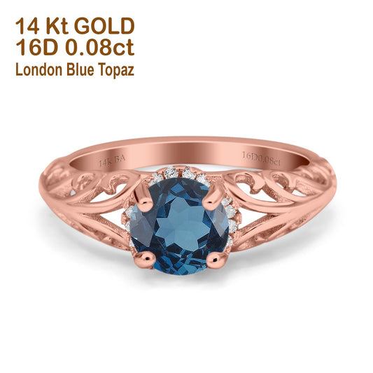 14K Rose Gold 1.11ct Round Art Deco Filigree 6.5mm G SI London Blue Topaz Diamond Engagement Wedding Ring Size 6.5