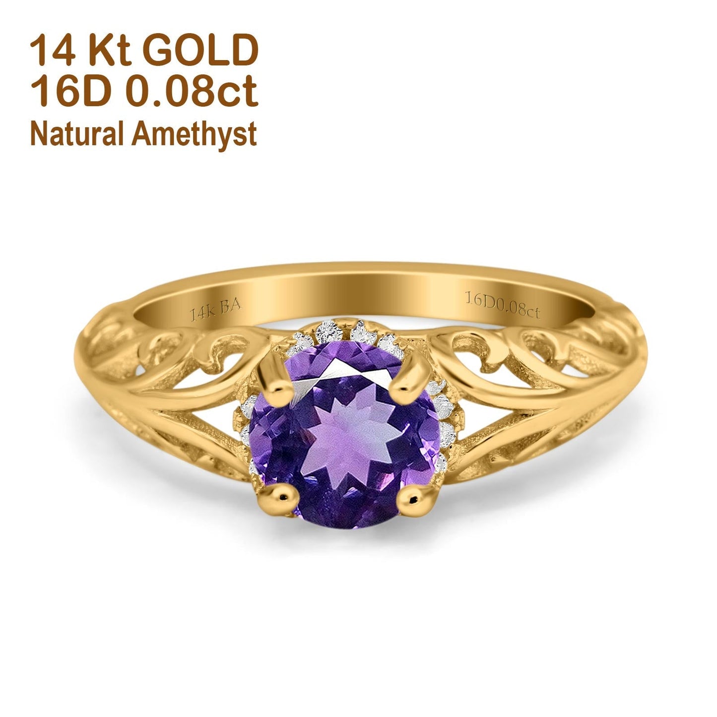 14K Yellow Gold 1.11ct Round Art Deco Filigree 6.5mm G SI Natural Amethyst Diamond Engagement Wedding Ring Size 6.5