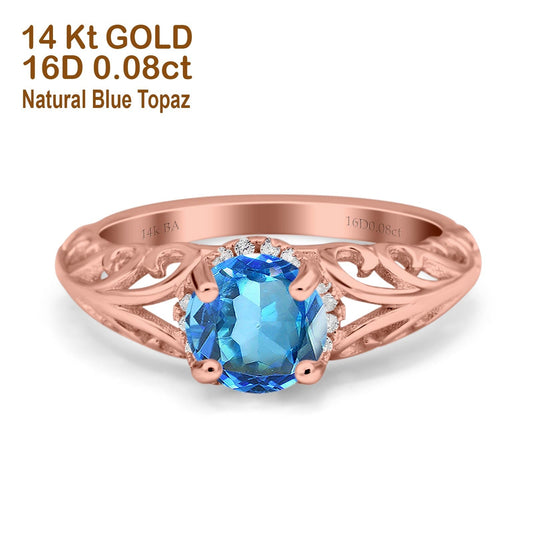 14K Rose Gold 1.11ct Round Art Deco Filigree 6.5mm G SI Natural Blue Topaz Diamond Engagement Wedding Ring Size 6.5