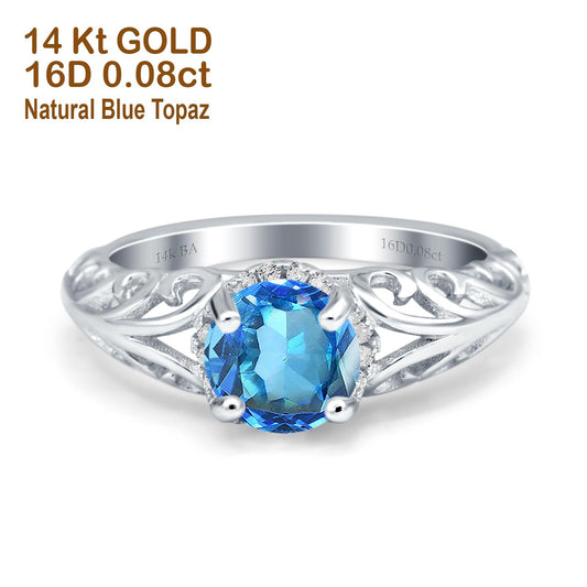 14K White Gold 1.11ct Round Art Deco Filigree 6.5mm G SI Natural Blue Topaz Diamond Engagement Wedding Ring Size 6.5