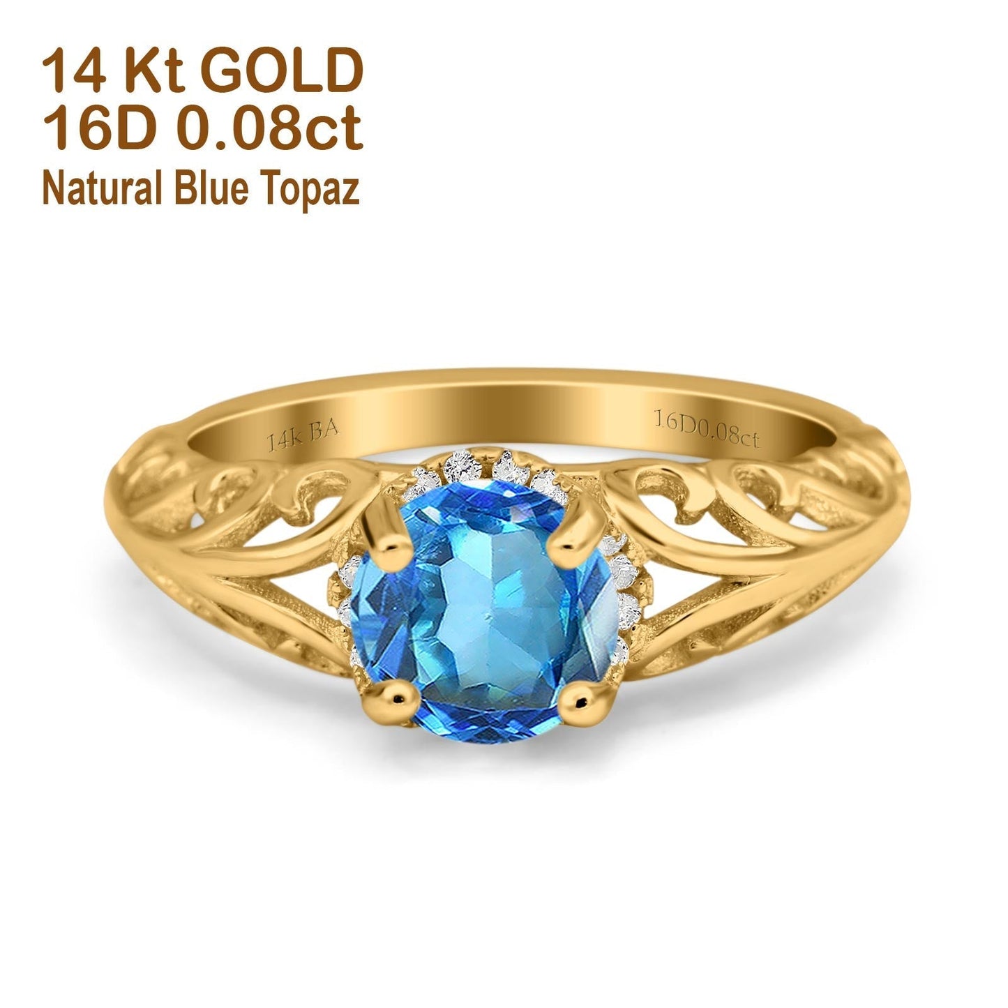 14K Yellow Gold 1.11ct Round Art Deco Filigree 6.5mm G SI Natural Blue Topaz Diamond Engagement Wedding Ring Size 6.5