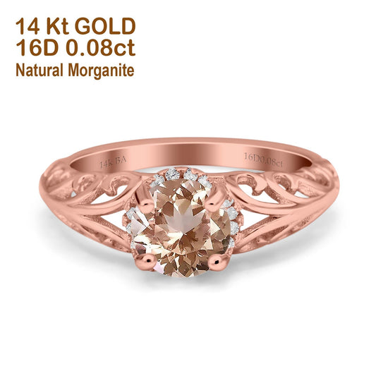 14K Rose Gold 1.11ct Round Art Deco Filigree 6.5mm G SI Natural Morganite Diamond Engagement Wedding Ring Size 6.5