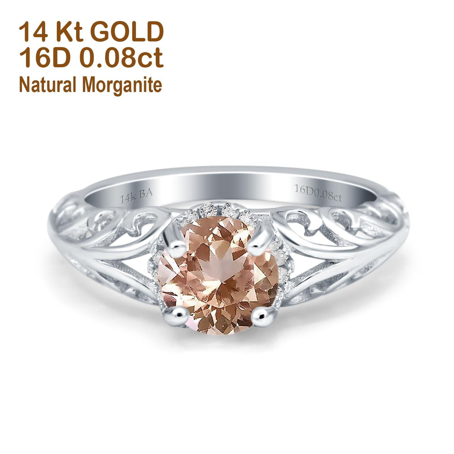 14K White Gold 1.11ct Round Art Deco Filigree 6.5mm G SI Natural Morganite Diamond Engagement Wedding Ring Size 6.5