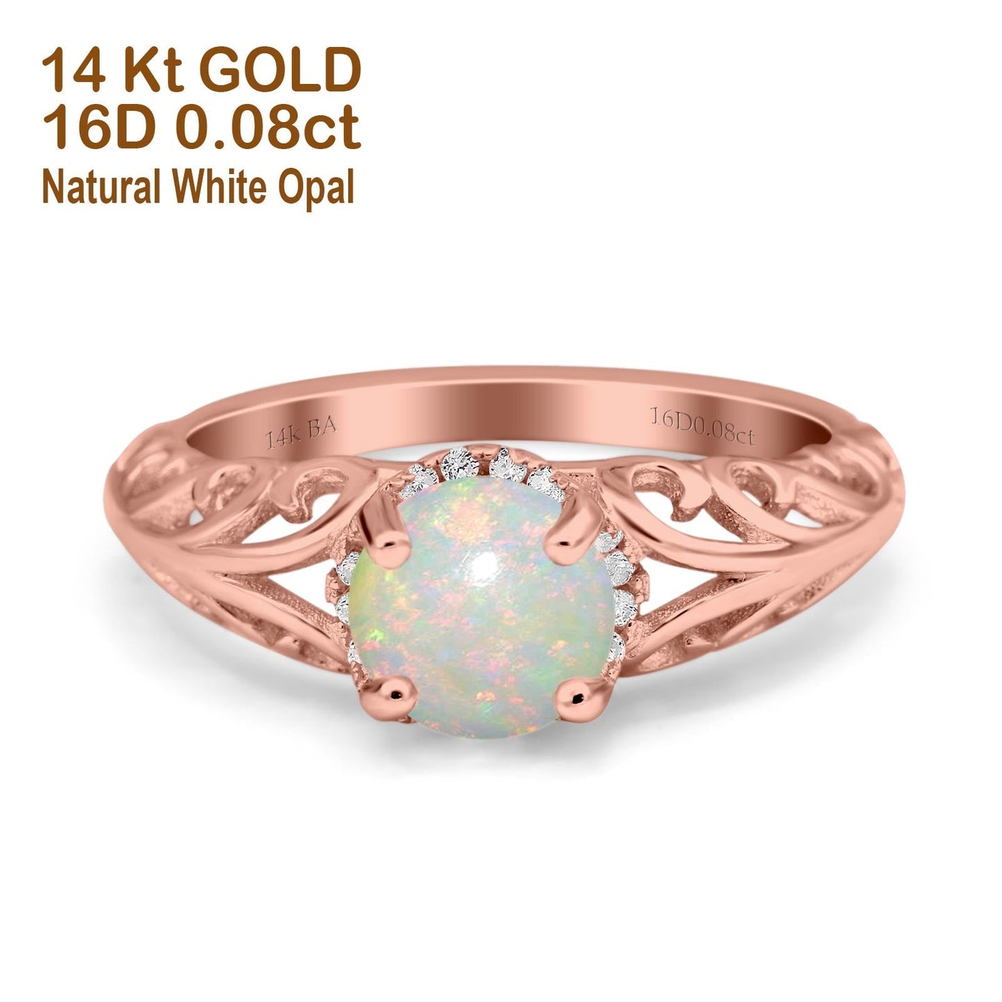 14K Rose Gold 0.08ct Round Art Deco Filigree 6.5mm G SI Natural White Opal Diamond Engagement Wedding Ring Size 6.5