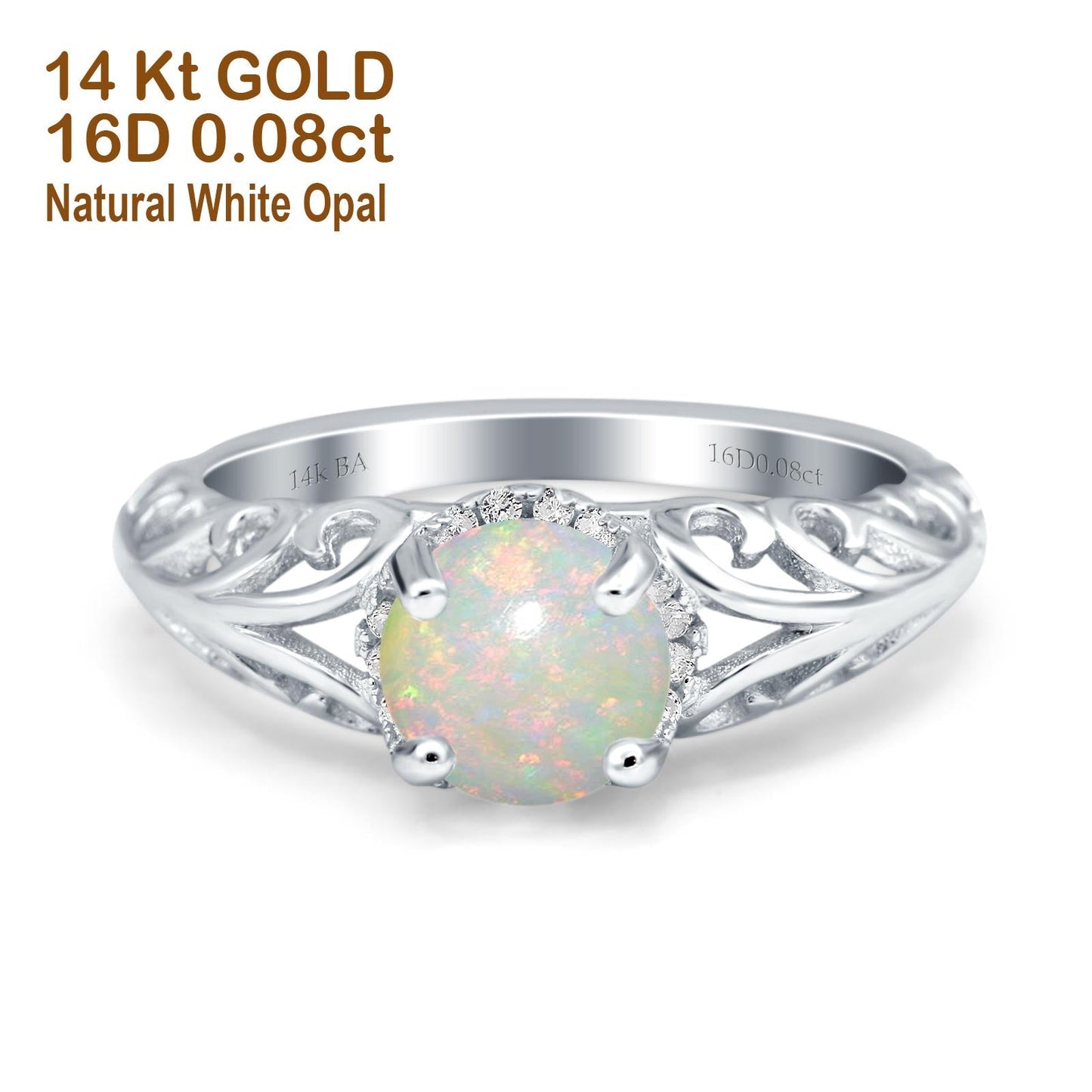 14K White Gold 0.08ct Round Art Deco Filigree 6.5mm G SI Natural White Opal Diamond Engagement Wedding Ring Size 6.5