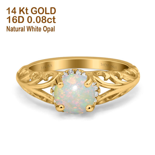 14K Yellow Gold 0.08ct Round Art Deco Filigree 6.5mm G SI Natural White Opal Diamond Engagement Wedding Ring Size 6.5