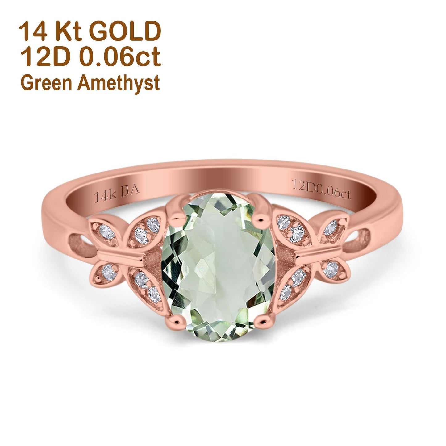 14K Rose Gold 1.27ct Oval 8mmx6mm Butterfly Accent G SI Natural Green Amethyst Diamond Engagement Wedding Ring Size 6.5