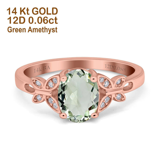 14K Rose Gold 1.27ct Oval 8mmx6mm Butterfly Accent G SI Natural Green Amethyst Diamond Engagement Wedding Ring Size 6.5