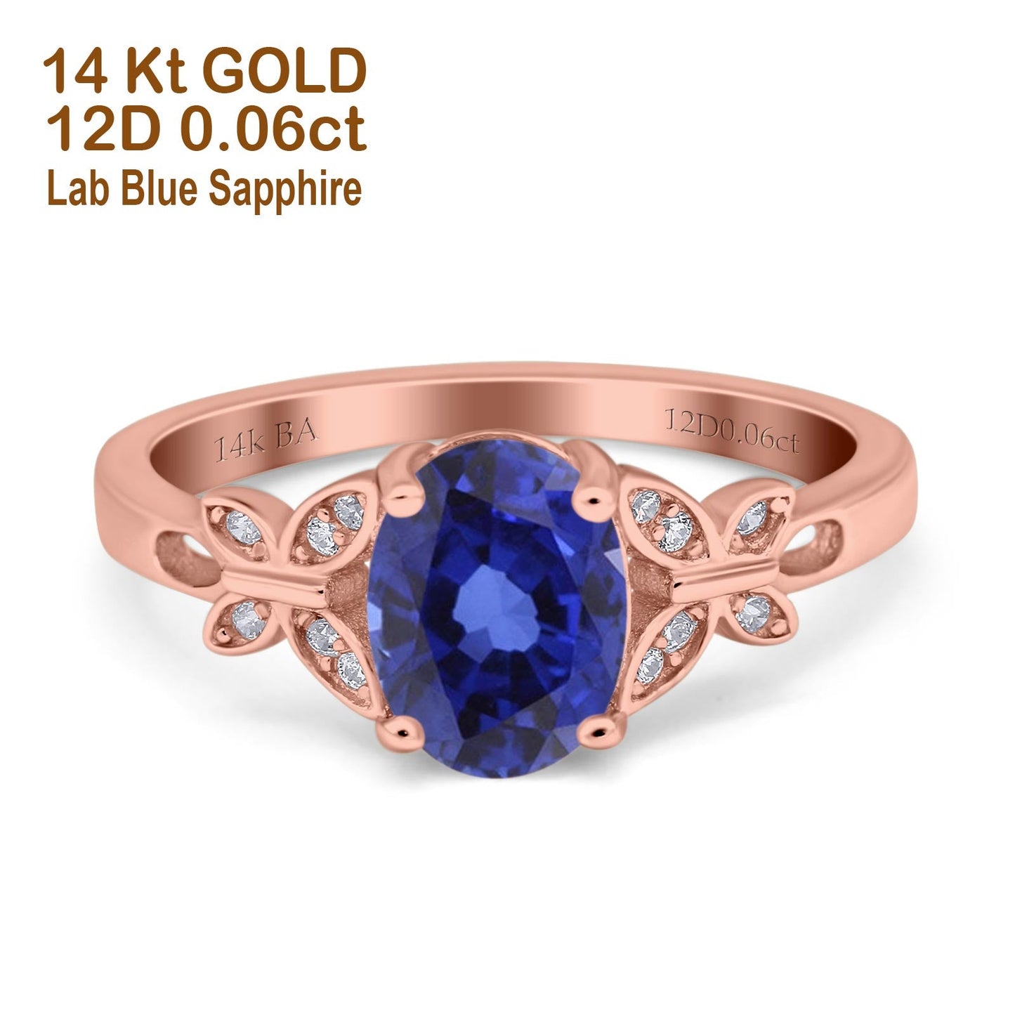 14K Rose Gold 1.27ct Oval 8mmx6mm Butterfly Accent G SI Nano Blue Sapphire Diamond Engagement Wedding Ring Size 6.5