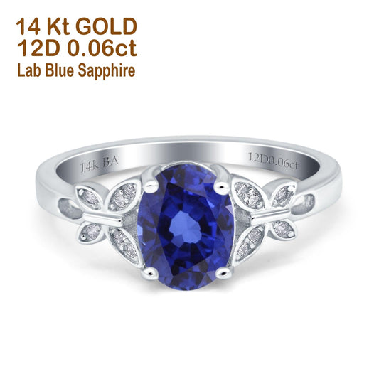 14K White Gold 1.27ct Oval 8mmx6mm Butterfly Accent G SI Nano Blue Sapphire Diamond Engagement Wedding Ring Size 6.5