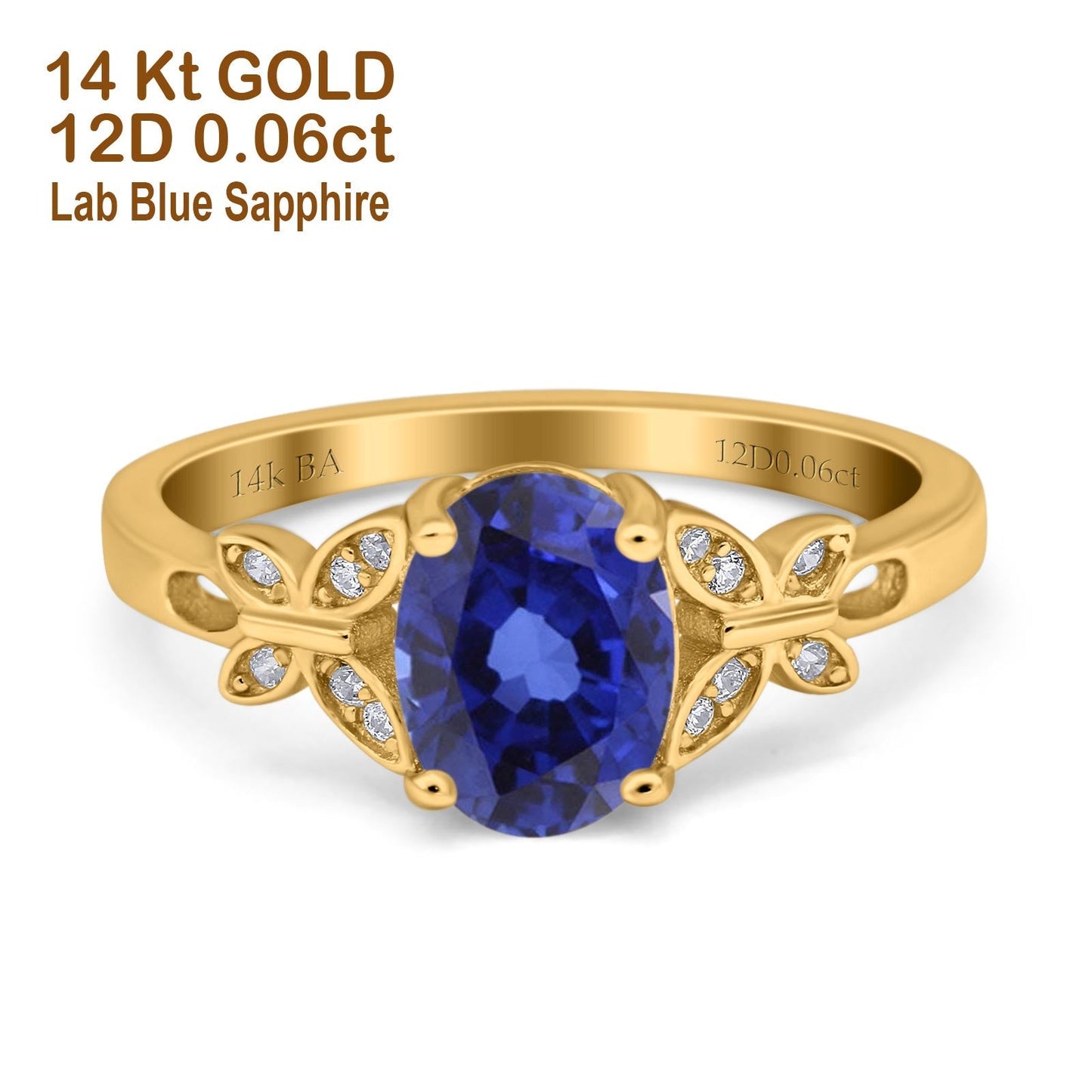 14K Yellow Gold 1.27ct Oval 8mmx6mm Butterfly Accent G SI Nano Blue Sapphire Diamond Engagement Wedding Ring Size 6.5