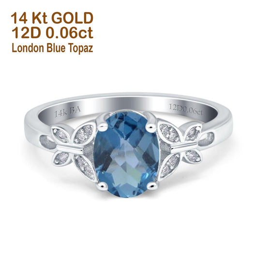 14K White Gold 1.27ct Oval 8mmx6mm Butterfly Accent G SI London Blue Topaz Diamond Engagement Wedding Ring Size 6.5