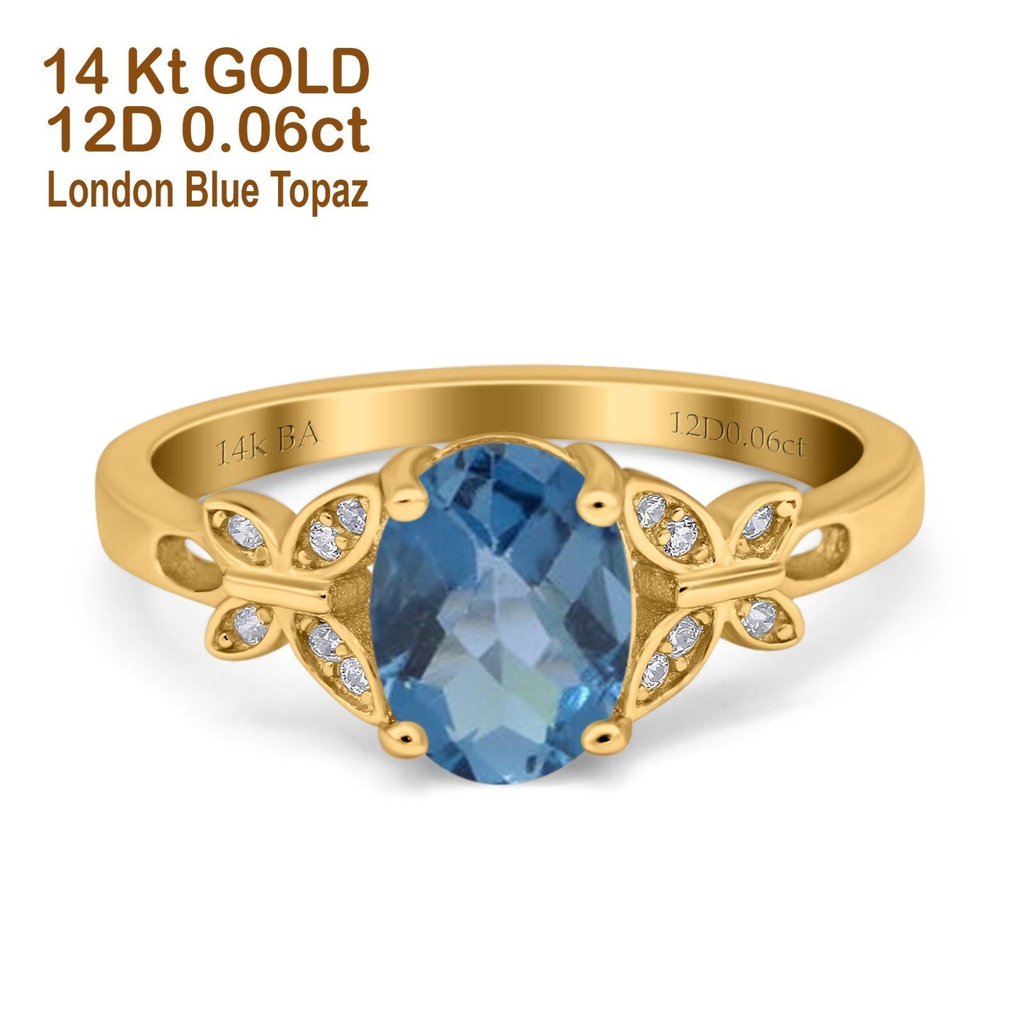 14K Yellow Gold 1.27ct Oval 8mmx6mm Butterfly Accent G SI London Blue Topaz Diamond Engagement Wedding Ring Size 6.5