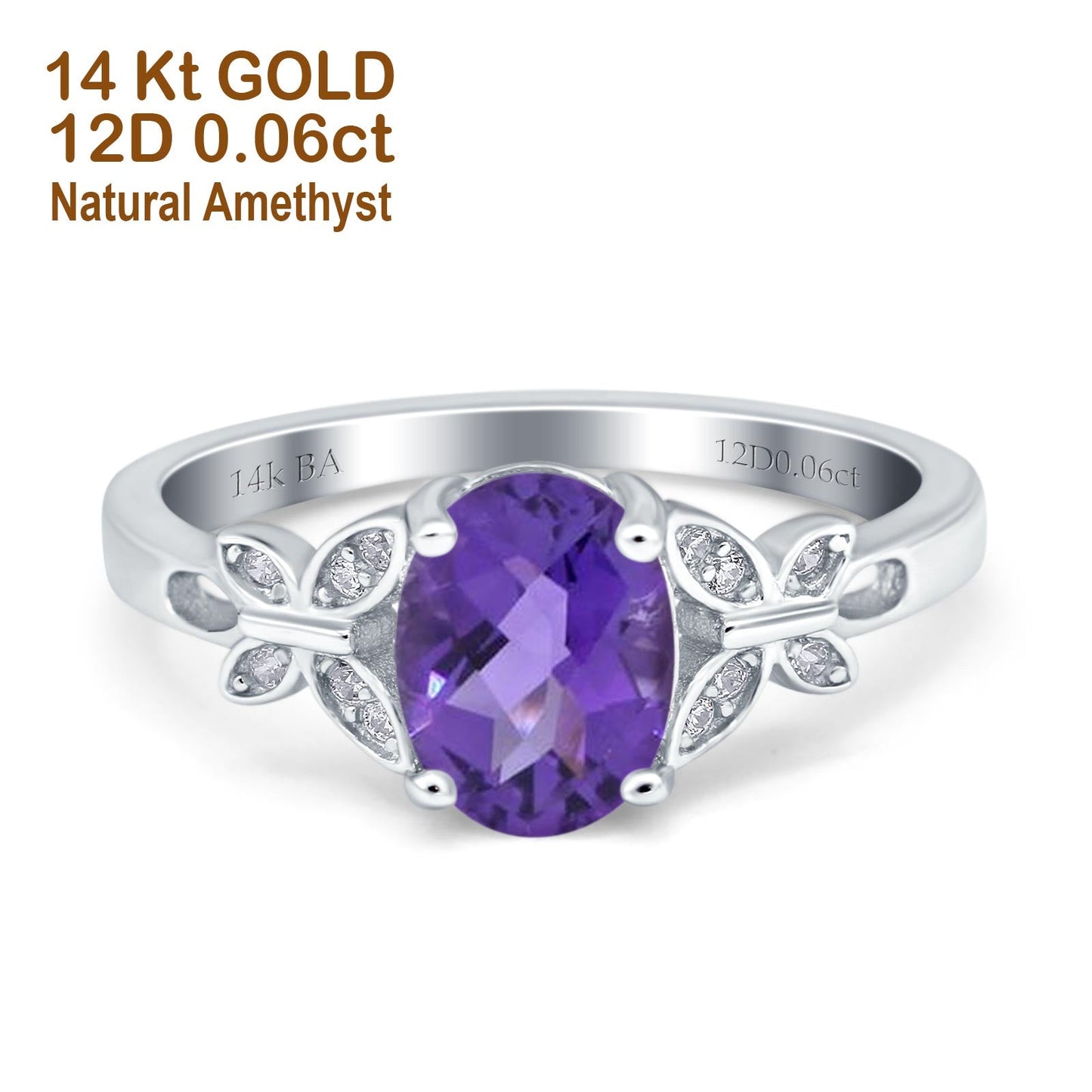 14K White Gold 1.27ct Oval 8mmx6mm Butterfly Accent G SI Natural Amethyst Diamond Engagement Wedding Ring Size 6.5