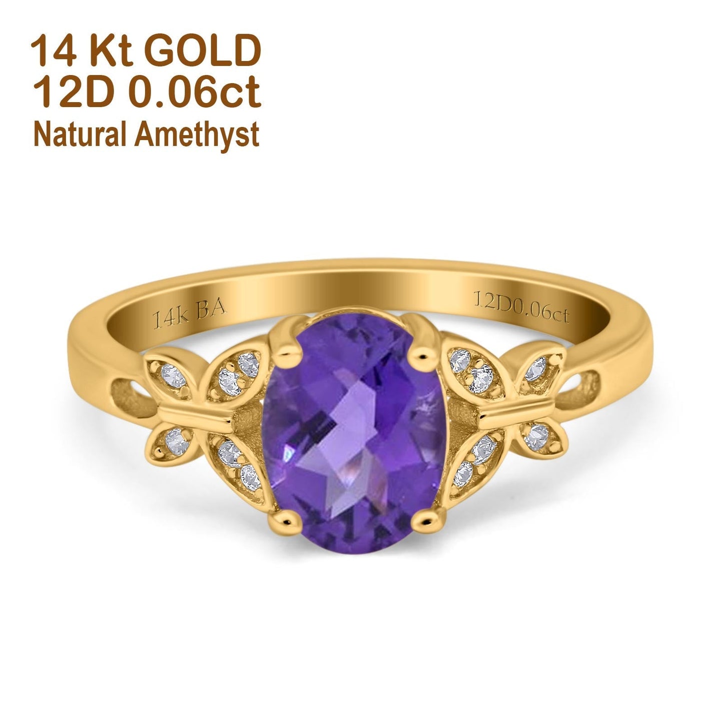 14K Yellow Gold 1.27ct Oval 8mmx6mm Butterfly Accent G SI Natural Amethyst Diamond Engagement Wedding Ring Size 6.5