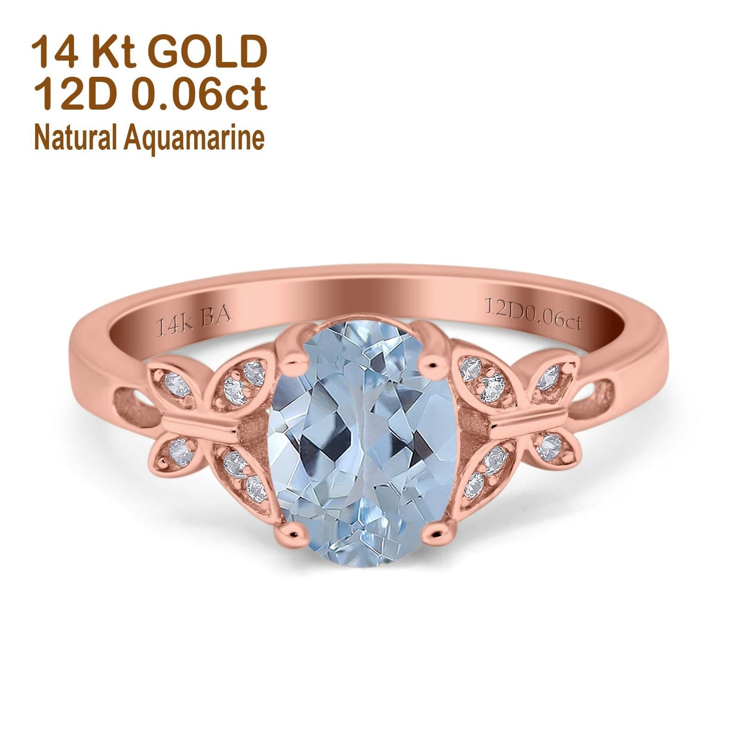 14K Rose Gold 1.27ct Oval 8mmx6mm Butterfly Accent G SI Natural Aquamarine Diamond Engagement Wedding Ring Size 6.5