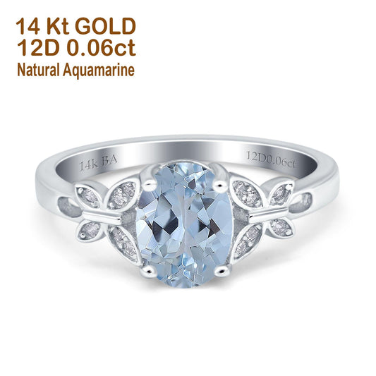 14K White Gold 1.27ct Oval 8mmx6mm Butterfly Accent G SI Natural Aquamarine Diamond Engagement Wedding Ring Size 6.5