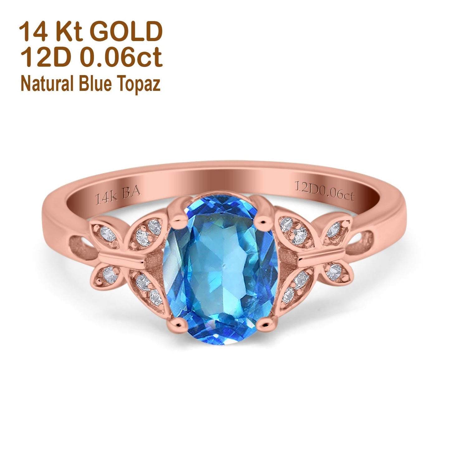 14K Rose Gold 1.27ct Oval 8mmx6mm Butterfly Accent G SI Natural Blue Topaz Diamond Engagement Wedding Ring Size 6.5