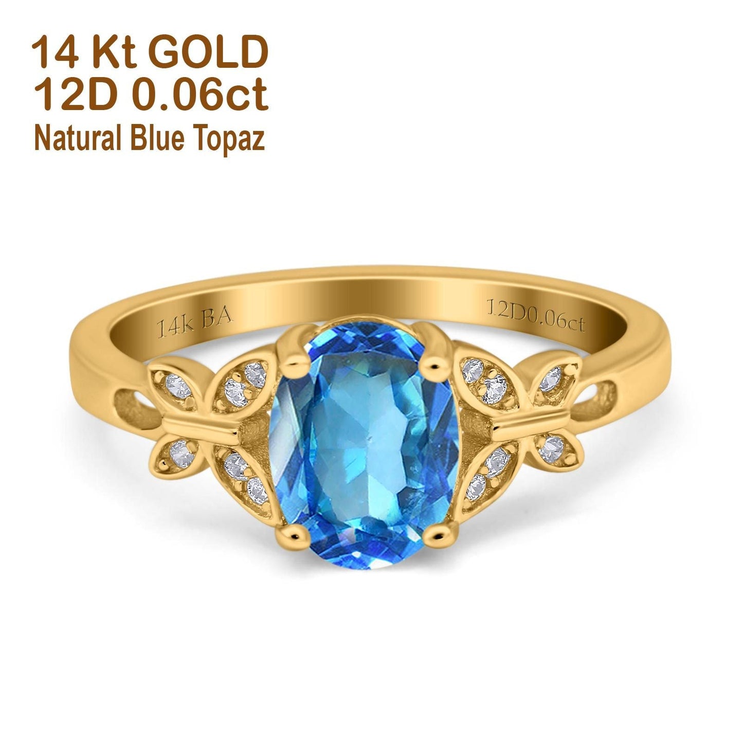 14K Yellow Gold 1.27ct Oval 8mmx6mm Butterfly Accent G SI Natural Blue Topaz Diamond Engagement Wedding Ring Size 6.5