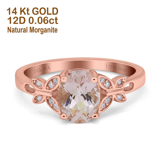 14K Rose Gold 1.27ct Oval 8mmx6mm Butterfly Accent G SI Natural Morganite Diamond Engagement Wedding Ring Size 6.5