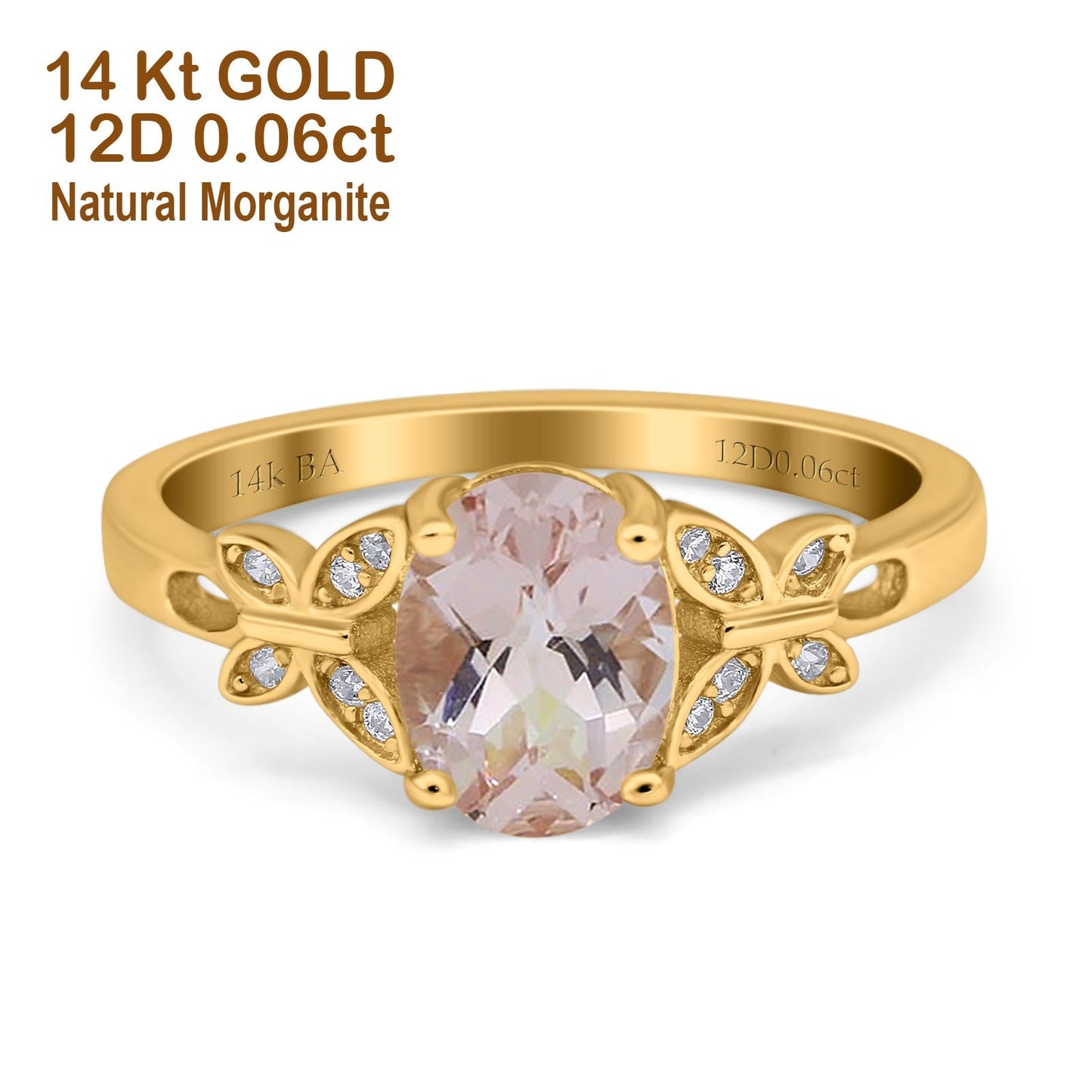 14K Yellow Gold 1.27ct Oval 8mmx6mm Butterfly Accent G SI Natural Morganite Diamond Engagement Wedding Ring Size 6.5