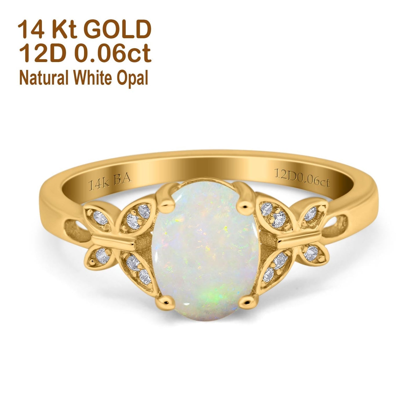 14K Yellow Gold 0.06ct Oval 8mmx6mm Butterfly Accent G SI Natural White Opal Diamond Engagement Wedding Ring Size 6.5