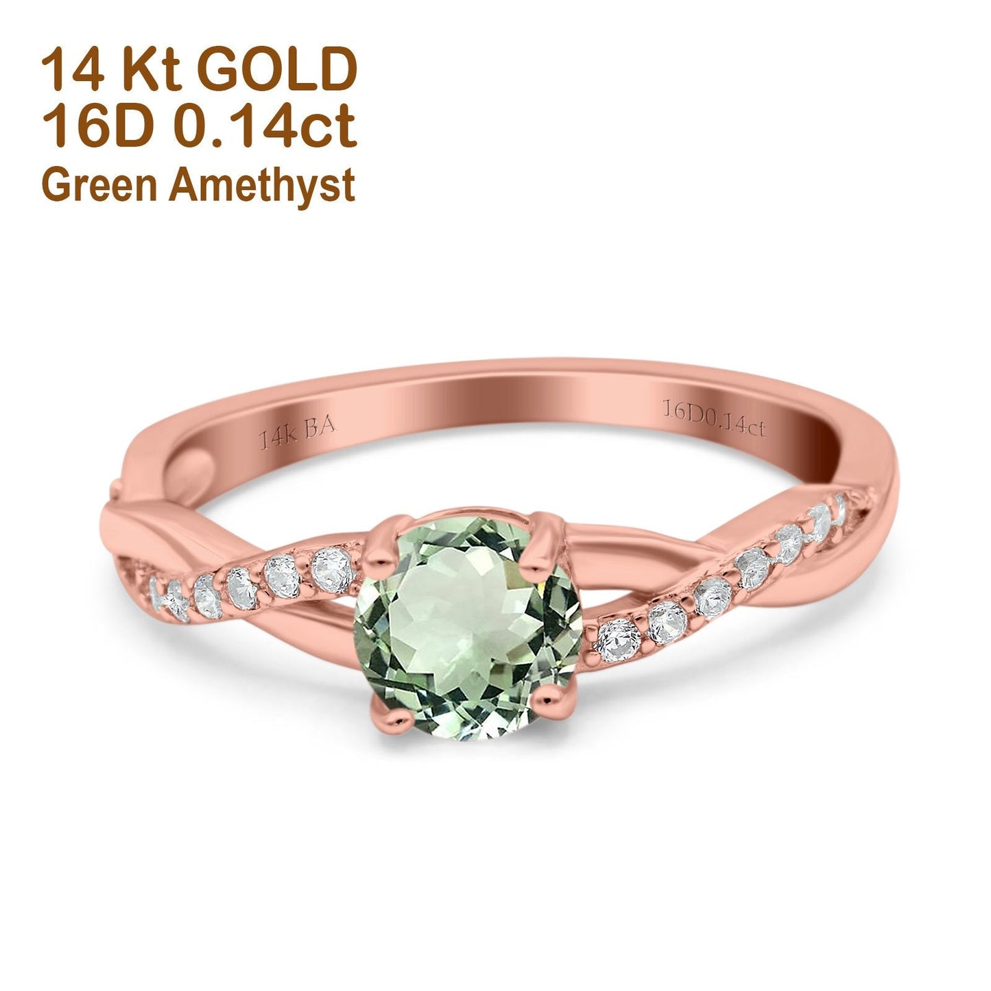 14K Rose Gold 0.98ct Round Art Deco 6mm G SI Natural Green Amethyst Diamond Engagement Wedding Ring Size 6.5