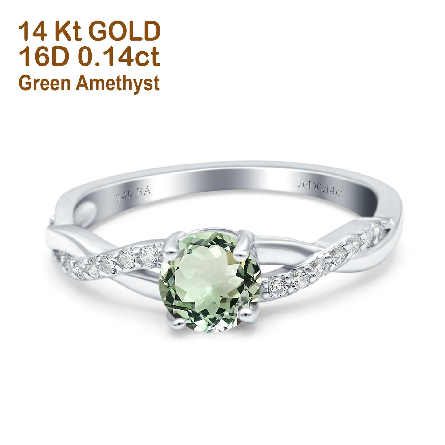 14K White Gold 0.98ct Round Art Deco 6mm G SI Natural Green Amethyst Diamond Engagement Wedding Ring Size 6.5