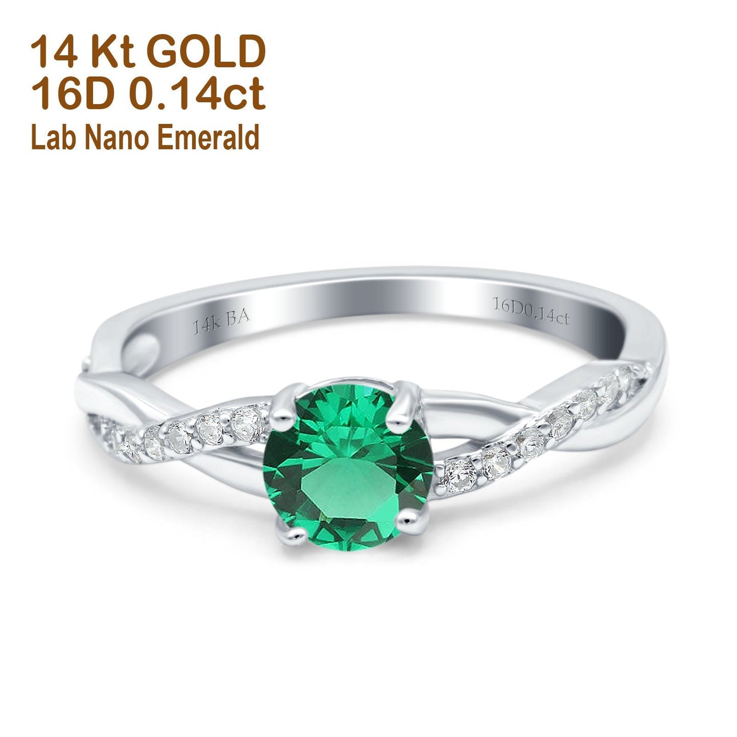 14K White Gold 0.98ct Round Art Deco 6mm G SI Nano Emerald Diamond Engagement Wedding Ring Size 6.5