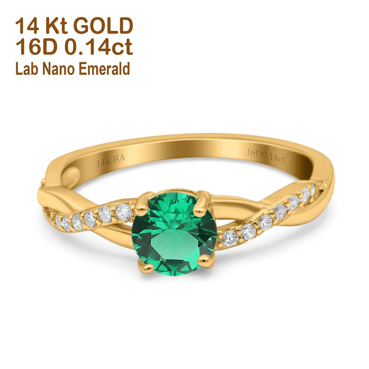 14K Yellow Gold 0.98ct Round Art Deco 6mm G SI Nano Emerald Diamond Engagement Wedding Ring Size 6.5