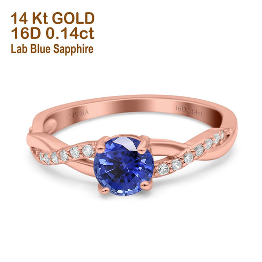 14K Rose Gold 0.98ct Round Art Deco 6mm G SI Nano Blue Sapphire Diamond Engagement Wedding Ring Size 6.5