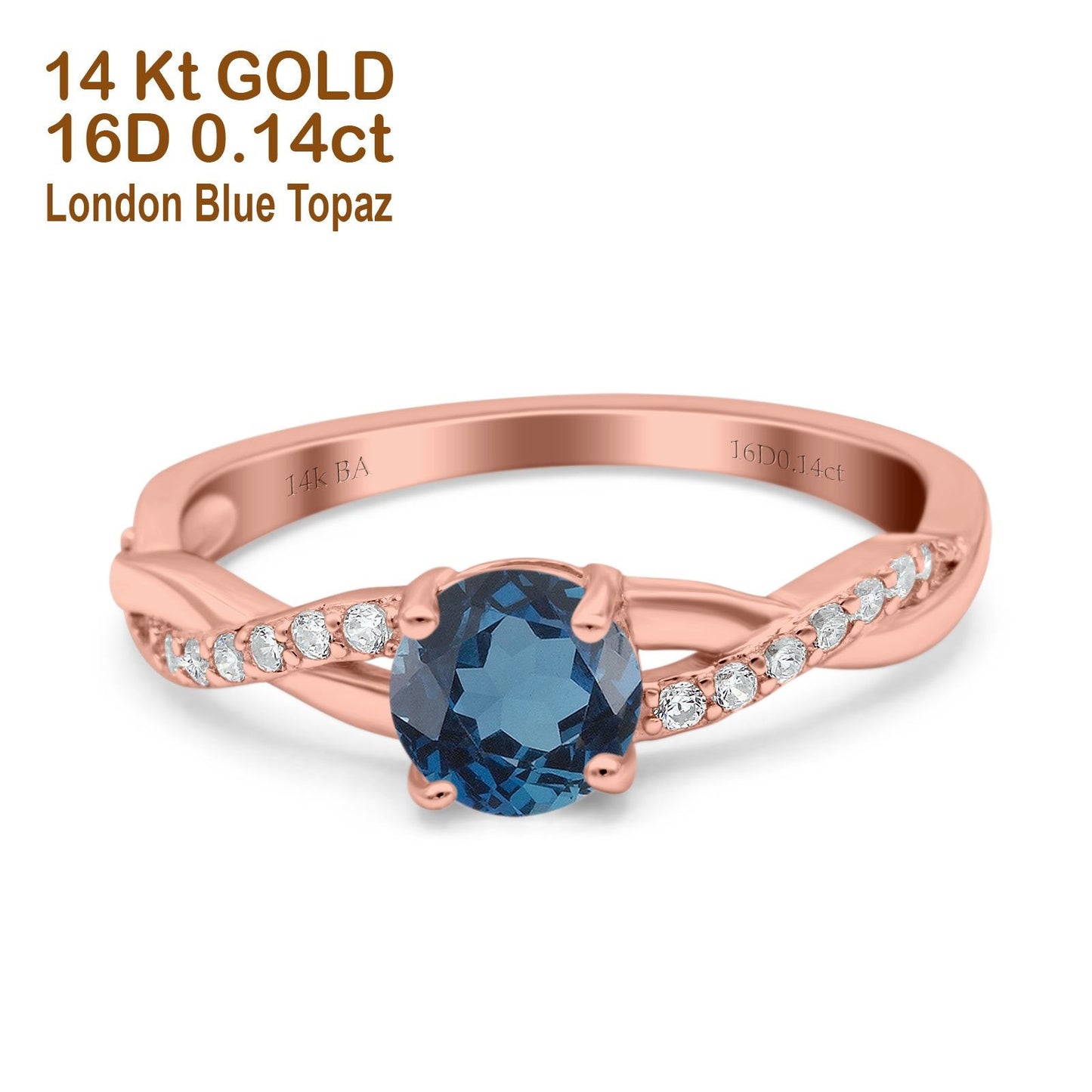 14K Rose Gold 0.98ct Round Art Deco 6mm G SI London Blue Topaz Diamond Engagement Wedding Ring Size 6.5