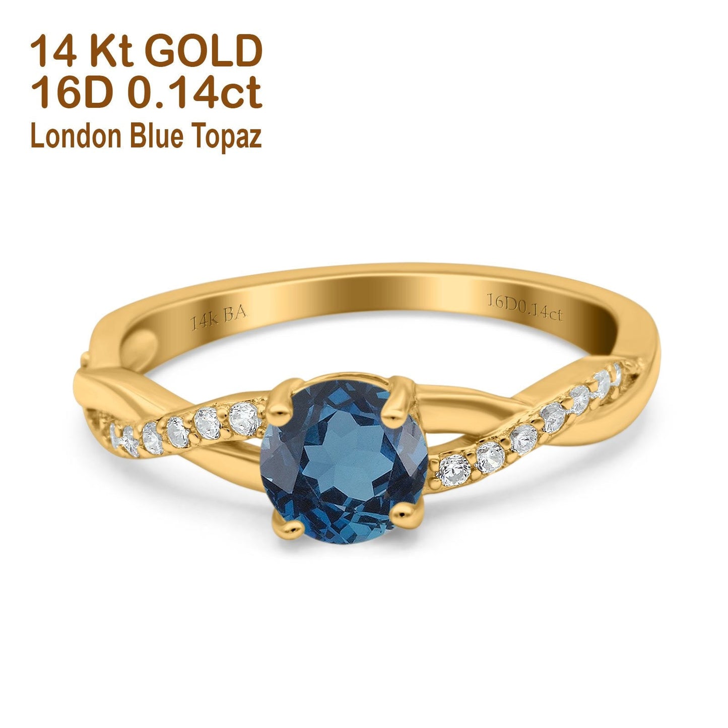 14K Yellow Gold 0.98ct Round Art Deco 6mm G SI London Blue Topaz Diamond Engagement Wedding Ring Size 6.5