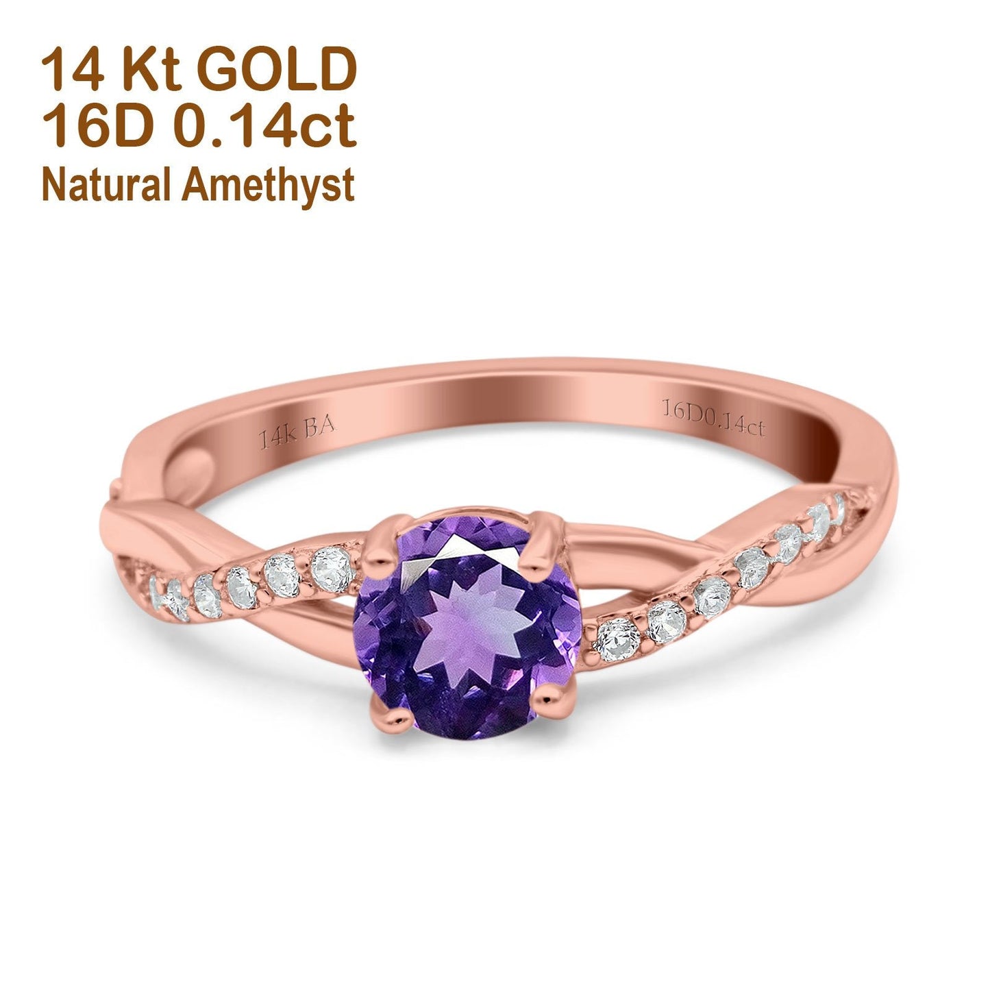 14K Rose Gold 0.98ct Round Art Deco 6mm G SI Natural Amethyst Diamond Engagement Wedding Ring Size 6.5