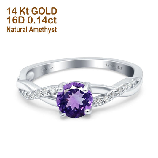 14K White Gold 0.98ct Round Art Deco 6mm G SI Natural Amethyst Diamond Engagement Wedding Ring Size 6.5