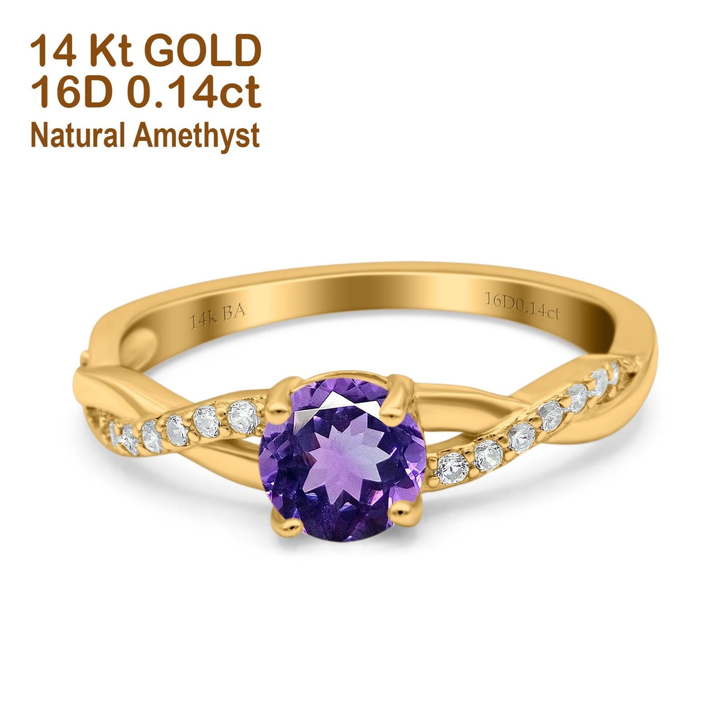 14K Yellow Gold 0.98ct Round Art Deco 6mm G SI Natural Amethyst Diamond Engagement Wedding Ring Size 6.5