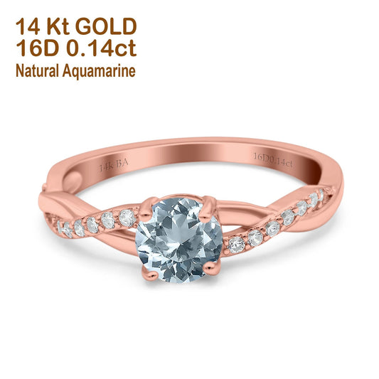 14K Rose Gold 0.98ct Round Art Deco 6mm G SI Natural Aquamarine Diamond Engagement Wedding Ring Size 6.5