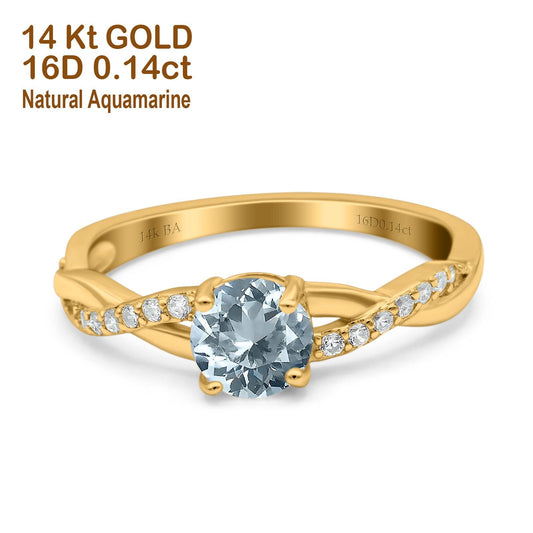 14K Yellow Gold 0.98ct Round Art Deco 6mm G SI Natural Aquamarine Diamond Engagement Wedding Ring Size 6.5