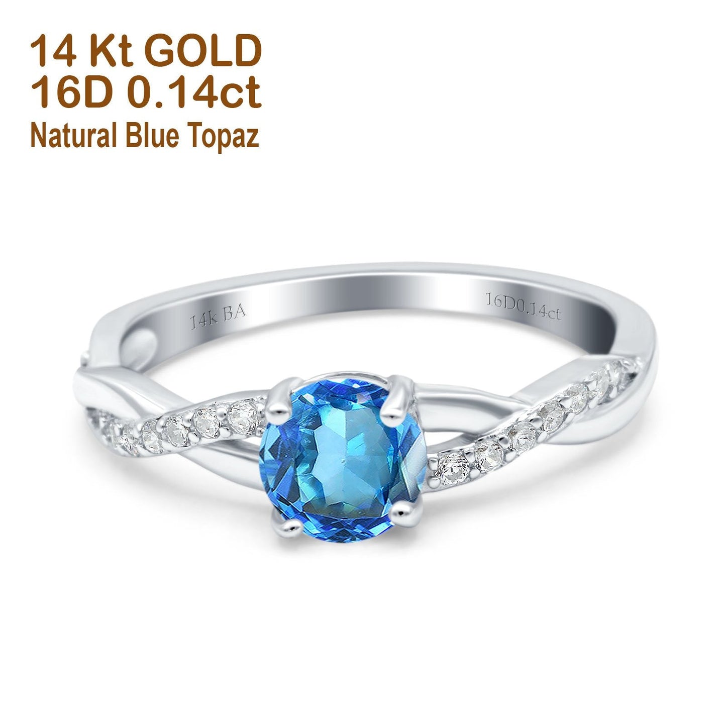 Bague de fiançailles en or blanc 14 carats 0,98 ct Art déco ronde 6 mm G SI avec topaze bleue naturelle et diamant taille 6,5