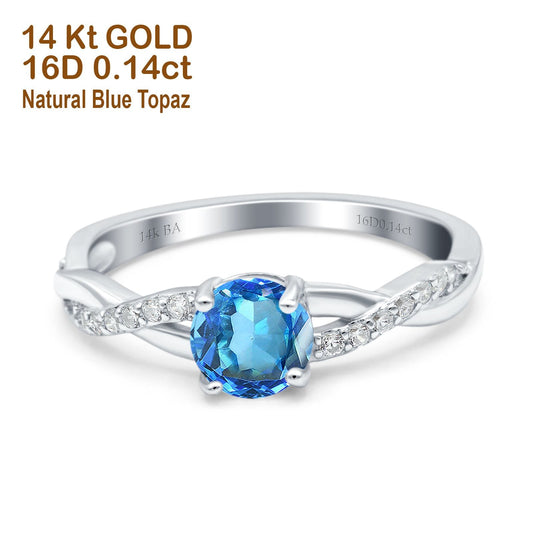 14K White Gold 0.98ct Round Art Deco 6mm G SI Natural Blue Topaz Diamond Engagement Wedding Ring Size 6.5