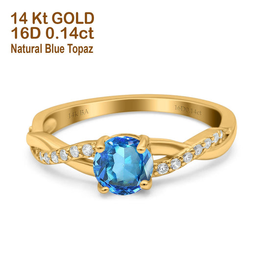 14K Yellow Gold 0.98ct Round Art Deco 6mm G SI Natural Blue Topaz Diamond Engagement Wedding Ring Size 6.5