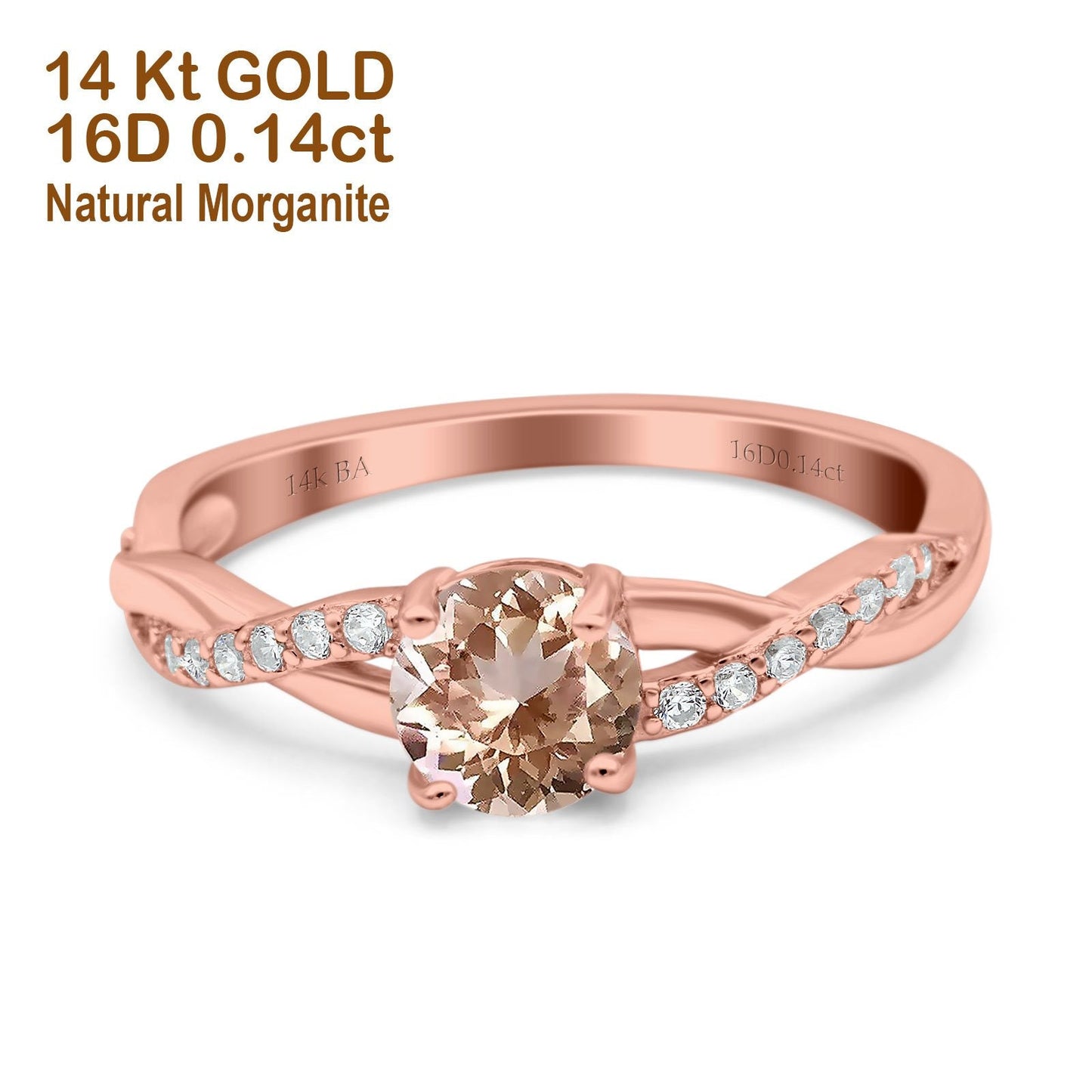 14K Rose Gold 0.98ct Round Art Deco 6mm G SI Natural Morganite Diamond Engagement Wedding Ring Size 6.5