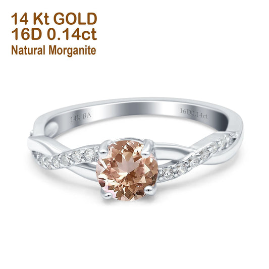 14K White Gold 0.98ct Round Art Deco 6mm G SI Natural Morganite Diamond Engagement Wedding Ring Size 6.5