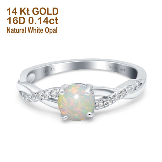 14K White Gold 0.14ct Round Art Deco 6mm G SI Natural White Opal Diamond Engagement Wedding Ring Size 6.5