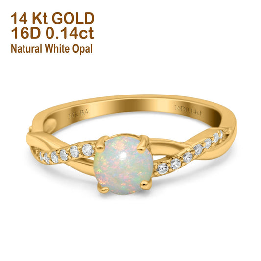 14K Yellow Gold 0.14ct Round Art Deco 6mm G SI Natural White Opal Diamond Engagement Wedding Ring Size 6.5