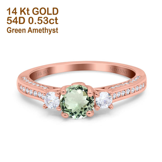 14K Rose Gold 1.37ct Round Three Stone Vintage 6mm G SI Natural Green Amethyst Diamond Engagement Wedding Ring Size 6.5