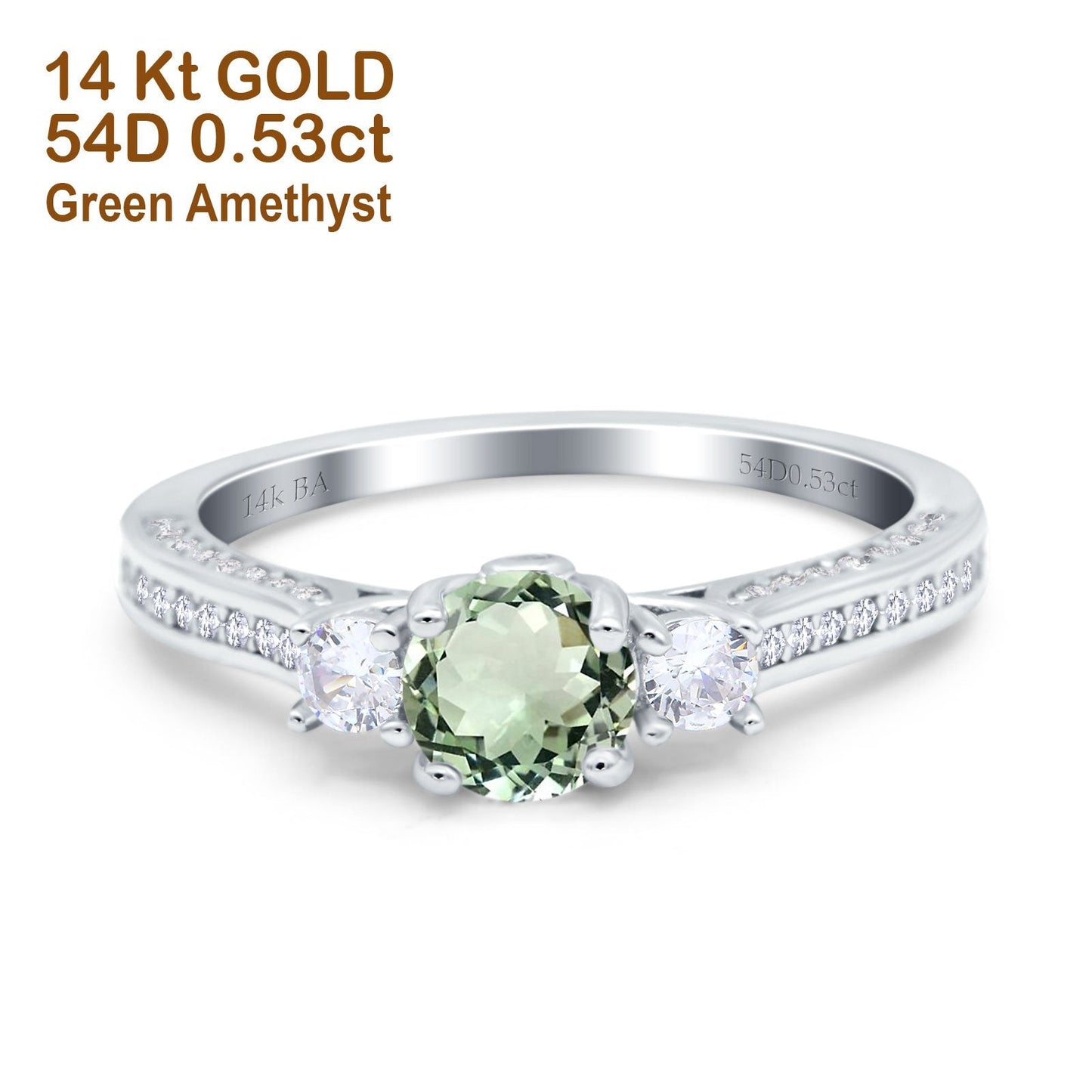 14K White Gold 1.37ct Round Three Stone Vintage 6mm G SI Natural Green Amethyst Diamond Engagement Wedding Ring Size 6.5