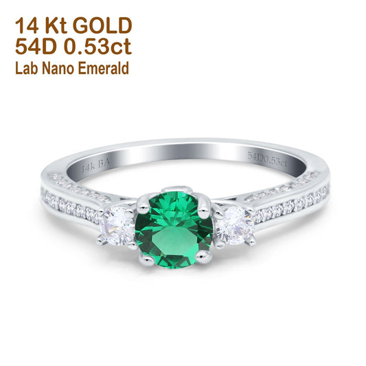 14K White Gold 1.37ct Round Three Stone Vintage 6mm G SI Nano Emerald Diamond Engagement Wedding Ring Size 6.5