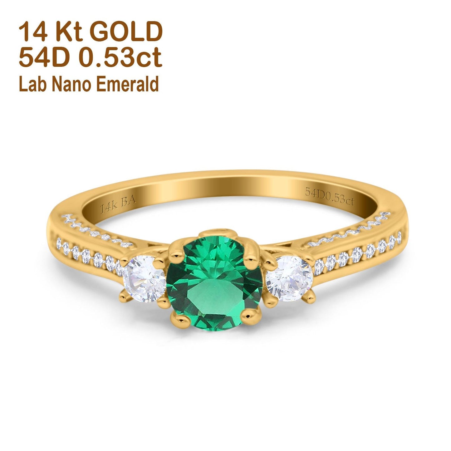 14K Yellow Gold 1.37ct Round Three Stone Vintage 6mm G SI Nano Emerald Diamond Engagement Wedding Ring Size 6.5