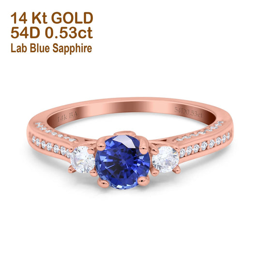 14K Rose Gold 1.37ct Round Three Stone Vintage 6mm G SI Nano Blue Sapphire Diamond Engagement Wedding Ring Size 6.5